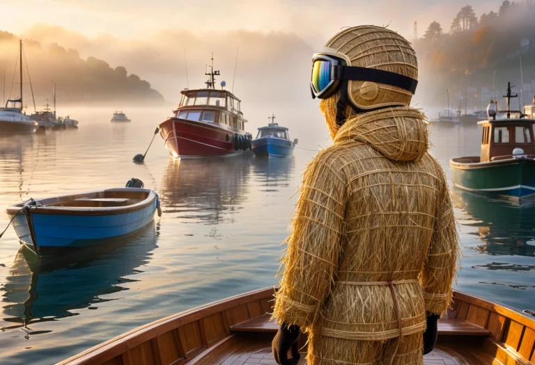 A Man On A Boat, Made Of Straw, Looking Surprised, Wearing S...