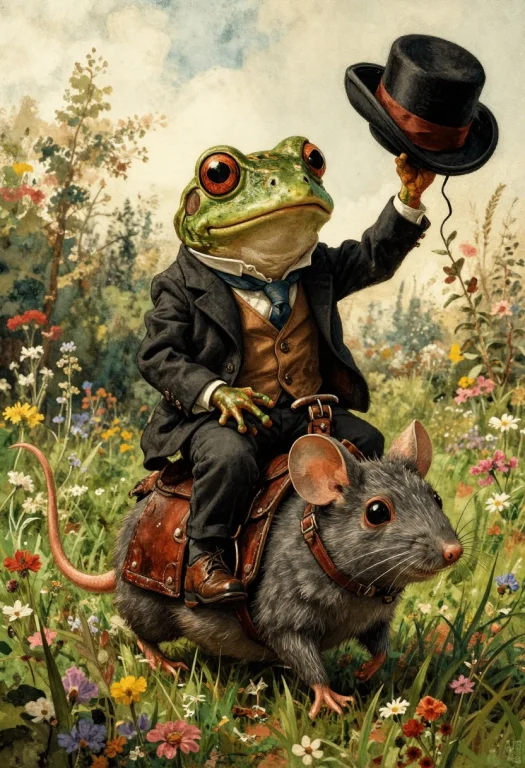 A Whimsical Frog In A Tailored Suit Riding A Huge Mouse With...
