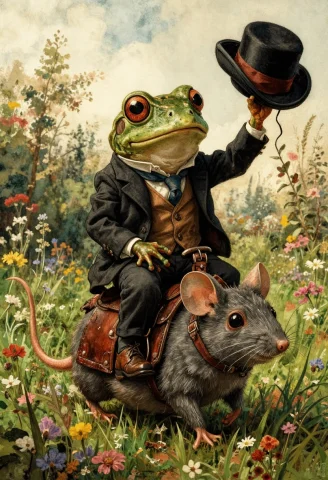 A Whimsical Frog In A Tailored Suit Riding A Huge Mouse With... — Stable Diffusion AI Prompt: A whimsical frog in a tailored suit riding a huge mouse with a leather saddle, h...