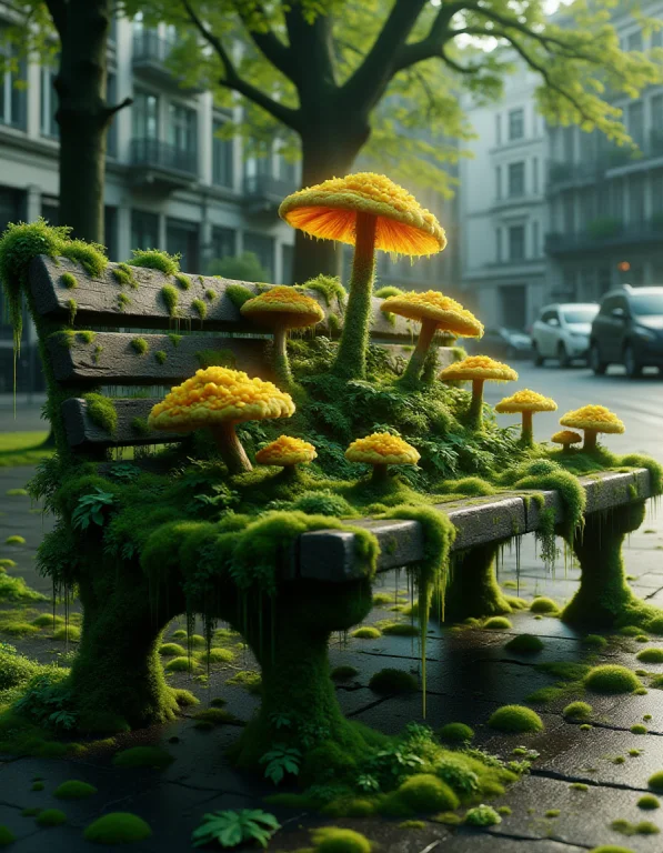 A Park Bench In The Middle Of A Quiet Street, Completely Eng...