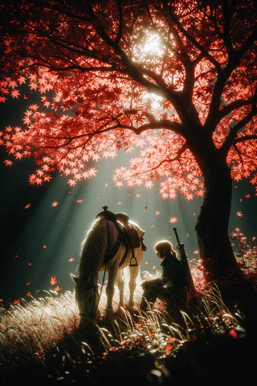 Autumn Grassland, Under A Fiery Red Maple Tree, Young Link R...