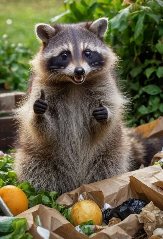 Closeup, Thumb-up, A Cute Fluffy Raccoon In The Middle Of A...