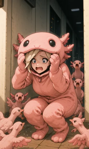 Embeddingillusp0s, Axolotl Costume, 6 Geese, Mercyoverwatch,... — Stable Diffusion AI Prompt: embedding:IllusP0s, axolotl costume, 6+ geese, mercy_\(overwatch\), cowering, sc...