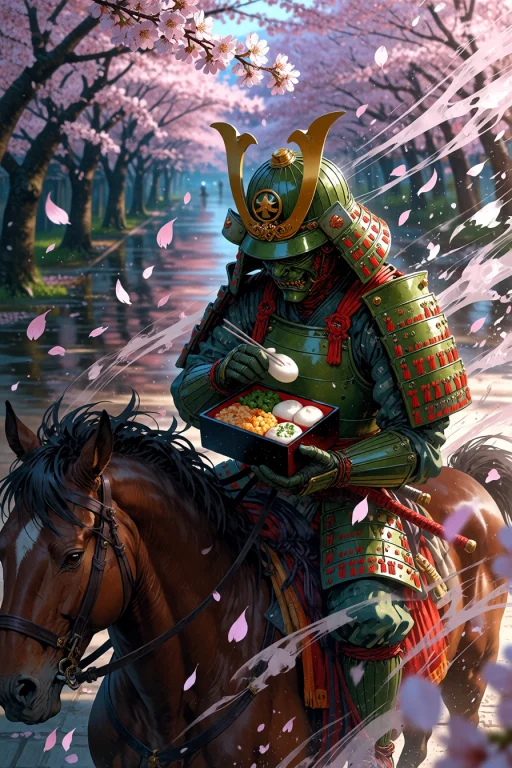 , Samurai Riding A Horse Along A Cherry Blossom-lined Avenue...