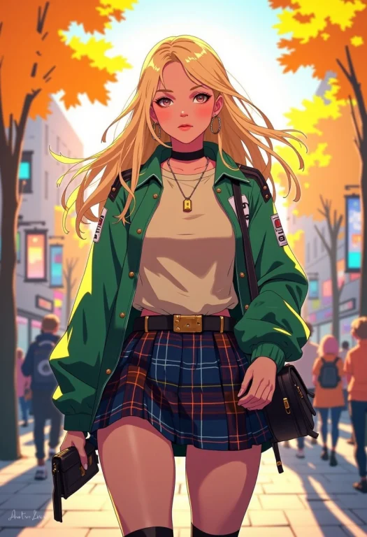 The Image Depicts A Stylish Young Woman Walking Outdoors, Fr...