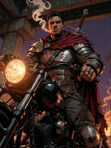 A Tall Exceptionally Mature Male Biker With Short Dark Hair... — Stable Diffusion AI Prompt: A tall exceptionally mature male biker with short dark hair and a refined but we...