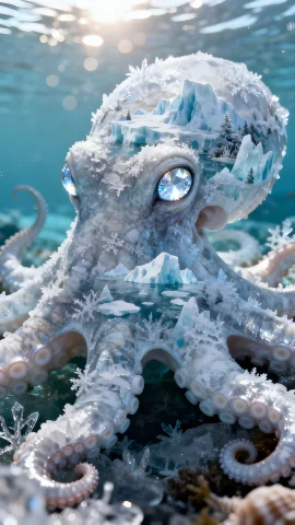 An Octopus In The Arctic Ocean, With A Beautiful Frozen Ocea... — Stable Diffusion AI Prompt: An octopus in the Arctic ocean, with a beautiful frozen ocean etched into its fa...
