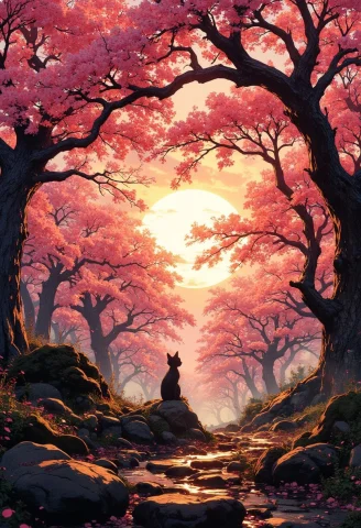 Valley, Fairytale Sakura Trees Village Covered, Highly Detai... — FLUX AI Prompt: valley, fairytale Sakura trees village covered, highly detailed, dynamic lightin...
