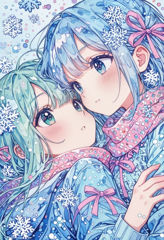 Kawaii Pop Art, Watercolor, 2 Girls, Yuri, Ice, Ice Crystals...