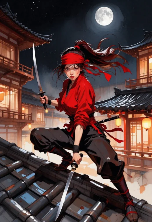 A Fierce Ninja Warrior Crouches On Traditional Tiled Rooftop...