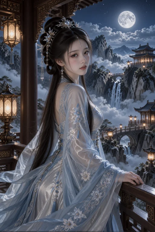 中近距离侧身人物画面，一名年轻中国女子站在高山亭阁栏杆旁，躯...