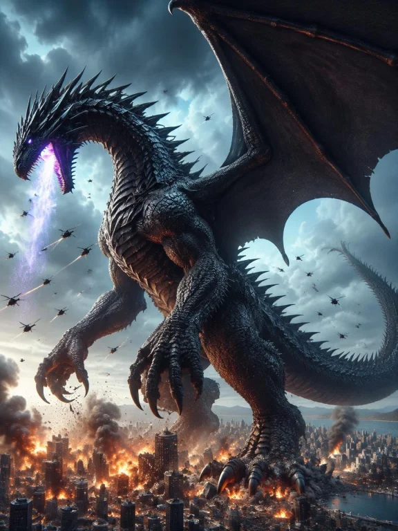 Giga Size Dragon Standing On Tiny City