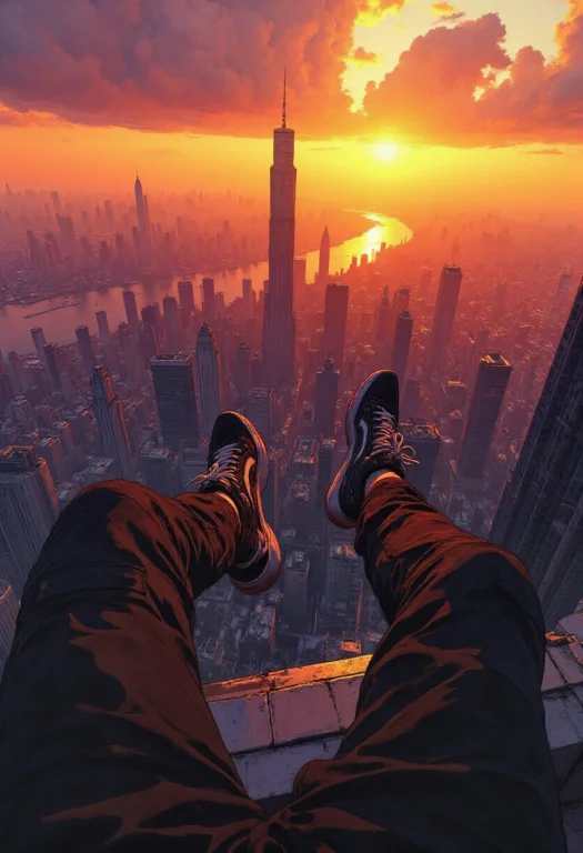 A Cinematic First Person Rooftop View Overlooking A Vast Mod...