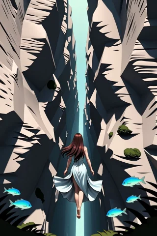An Underwater Canyon Lit By Shafts Of Turquoise Light, Coral... — Stable Diffusion AI Prompt: An underwater canyon lit by shafts of turquoise light, coral structures shaped l...