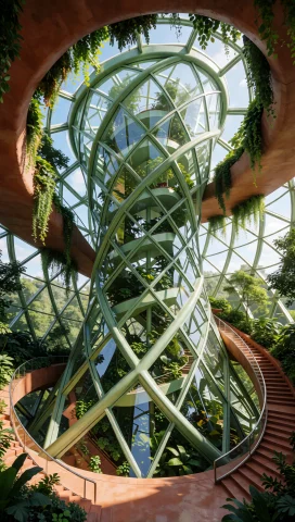 122. Solarpunk Glass Tower, Abstract Spiral Geometry, Lush I... — Stable Diffusion AI Prompt: 122. Solarpunk glass tower, abstract spiral geometry, lush interior hanging gard...