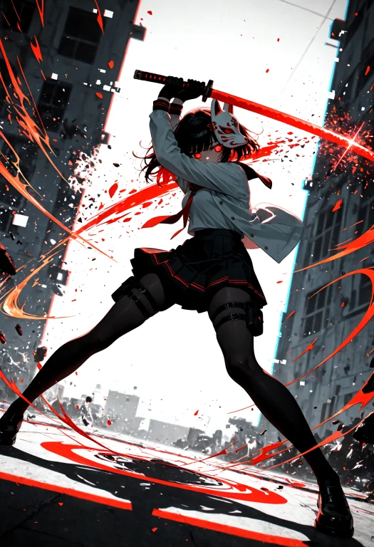 1girl, Action Pose, Foxmask, Fox Fire, Mechanical Eye, Holdi...