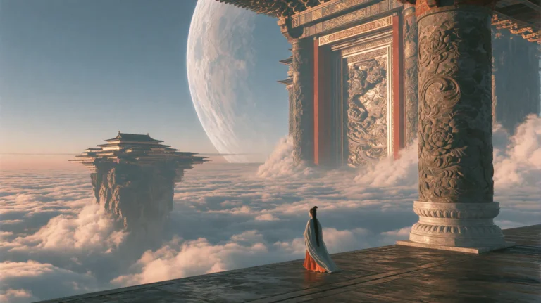 A Celestial Palace Complex Floating Amidst A Sea Of Rolling...