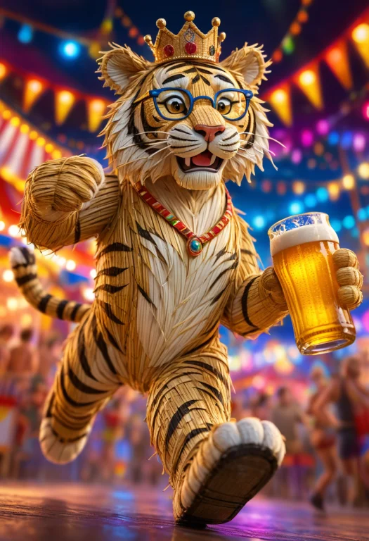 A Tiger, Made Of Straw, Running, Wearing Round Glasses, Wear...