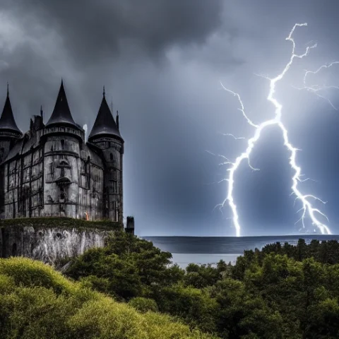 Giant Gothic Castle Storm — Stable Diffusion AI Prompt: a giant gothic black castle on a cliff under storm clouds, lightning, dark fairy...