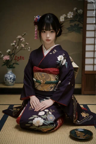 Golden Japanese Formal Portrait — Stable Diffusion AI Prompt: @solarsistim. 1girl, solo, (formal irotomesode with three crests:1.2), deep subd...