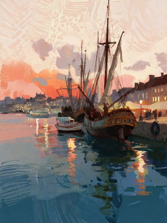 Bradhamel Art Style. A Serene Harbor At Twilight, Rendered I...