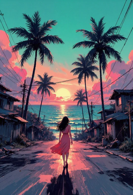 Create A Retro Pixel Anime Illustration, Tropical Coastal Vi...