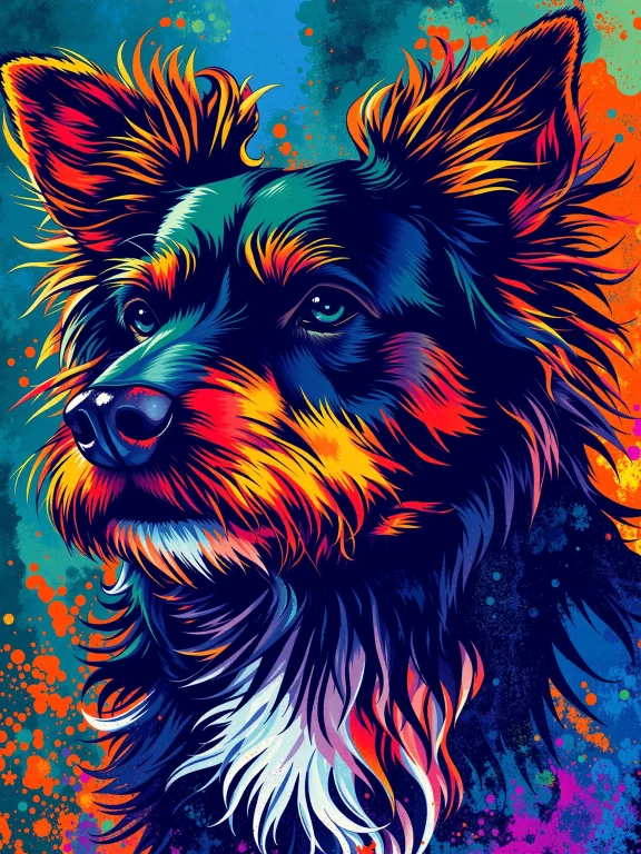 Sfw. Pointillism Art. Vivid Colors. Dog Silhouette With Wild...