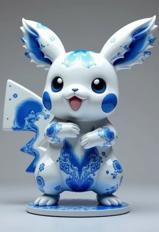 Professional Photo Of Pikachu Statue With Blue And White Mad... — Stable Diffusion AI Prompt: professional photo of pikachu statue with blue and white made by 8trang style