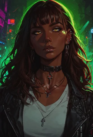 Score9, Score8up, Score8up, 1 Indian Girl, Dark-skinned Girl... — Stable Diffusion AI Prompt: score_9, score_8_up, score_8_up, 1 Indian girl, dark-skinned girl, cyberpunk, br...