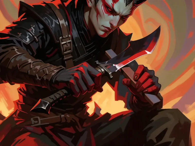 Demon Warrior With Red Markings Sharpening Dagger Fire Backg...