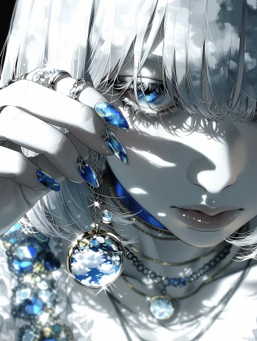 A Girl With Short Straight Silver Hair With Sharp Layered Ba... — Stable Diffusion AI Prompt: a girl with short straight silver hair with sharp layered bangs, pale monochrome...