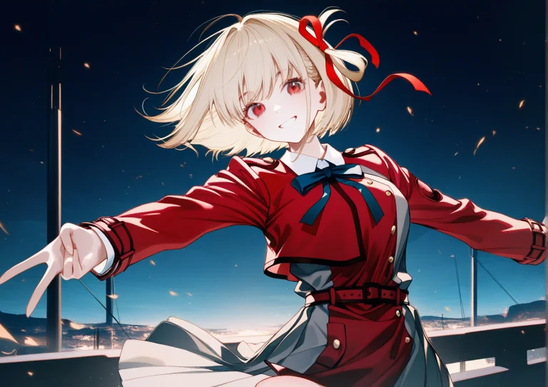 Floating Hair,wind,night,grin,lycoris Uniform,outdoors, 1gir...