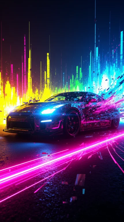 Photoreal Neon Sports Car Mid-drift, Body Splitting Into Rgb...