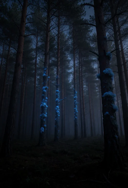 Dark Pine Forest At Night. Trees Covered In Soft Glowing Blu...