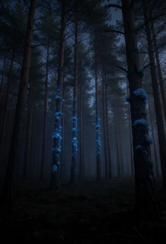 Dark Pine Forest At Night. Trees Covered In Soft Glowing Blu... — Stable Diffusion AI Prompt: Dark pine forest at night. Trees covered in soft glowing blue moss. Gentle mist...