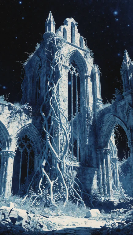 43. Gothic Cathedral Ruins, Overgrown Alien Vines, Deep Spac...