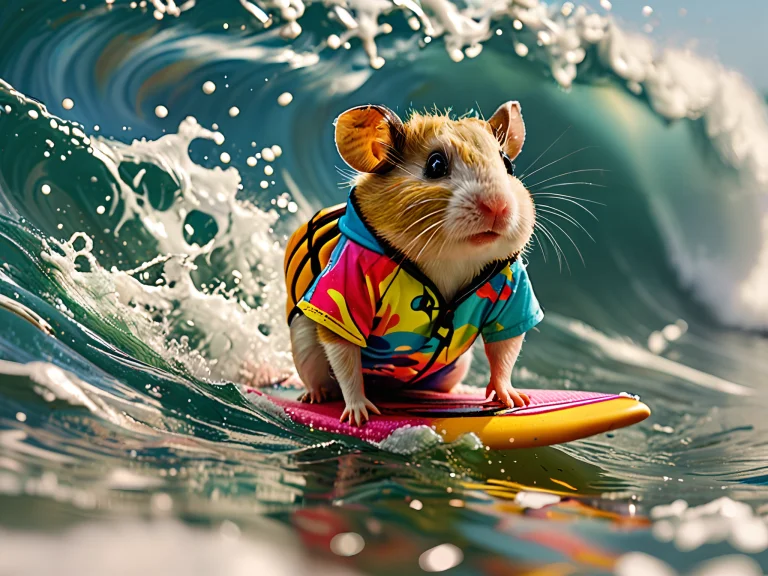 Hamsterwearing Surfing A Big Wave Wearing Colorful Surfer Sh...