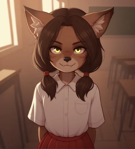 1girl, Eye Focus, Break, Anthro, Blacknose, Brownfur, Brown... — Stable Diffusion AI Prompt: {1girl, eye focus, } BREAK, anthro, black_nose, brown_fur, brown_hair, fanged_ba...