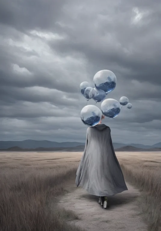Surrealism, A Woman Standing In A Field With Balloons Floati...