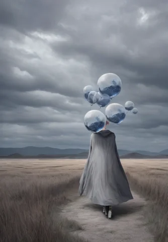 Surrealism, A Woman Standing In A Field With Balloons Floati... — Stable Diffusion AI Prompt: surrealism, a woman standing in a field with balloons floating over her head, in...
