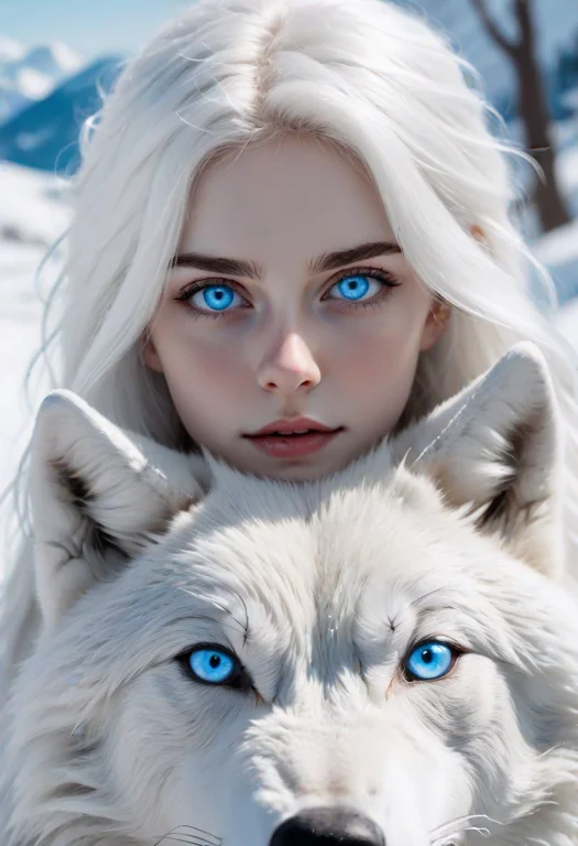Girl With White Hair And Bright Blue Eyes Looking At Viewer,...