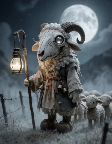Moon Milk Shepherd Create A Surreal Shepherd Creature With A... — Stable Diffusion AI Prompt: Moon milk shepherd Create a surreal shepherd creature with a pale sheep skull ma...