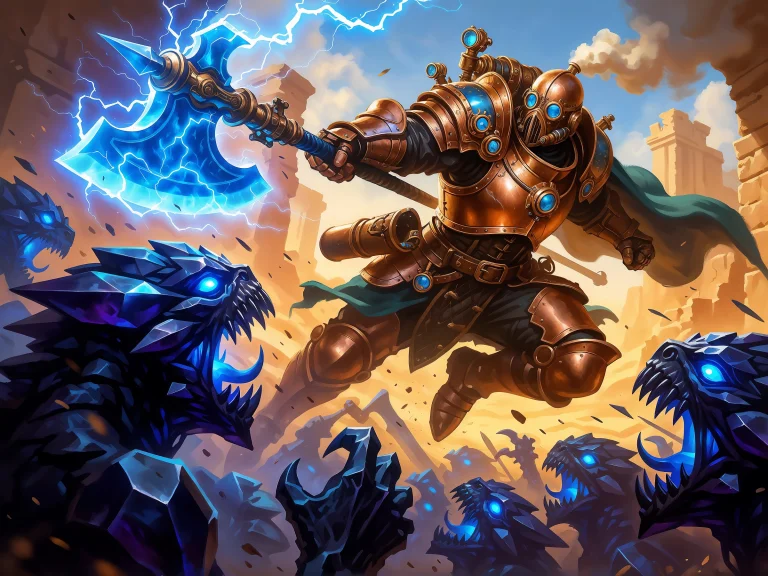 Steampunk Warrior In Bronze Armor Jumping With Lightning Axe...