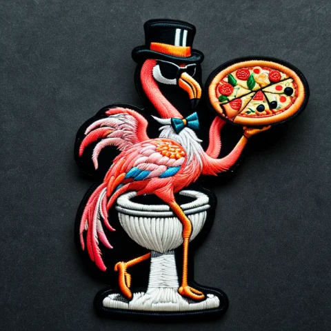 Ral-embroideredpatch, A Flamingo In A Top Hat And Sunglasses... — SDXL AI Prompt: ral-embroideredpatch, a flamingo in a top hat and sunglasses standing on one leg...
