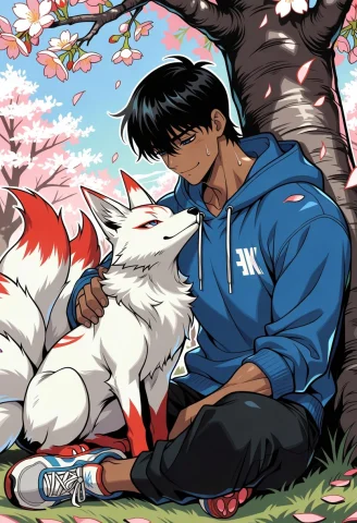 Blue Male Petting Kitsune Fox Prompt — Stable Diffusion AI Prompt: /2D Artwork, black outline, line art/ Blue Male(dark skin, short hair, black hai...