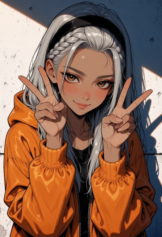 Masterpiece, 1girl Blush Braid Browneyes Doublev Greyhair Ha...