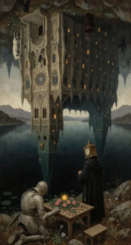 A Highly Detailed Surrealist Dark-fantasy Painting Of An Eno... — Stable Diffusion AI Prompt: A highly detailed surrealist dark-fantasy painting of an enormous cathedral stan...