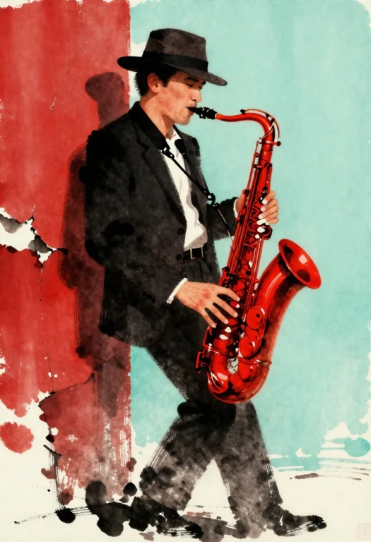 Rockstyle, Japanese Ink Wash Painting With The Dynamic Compo...