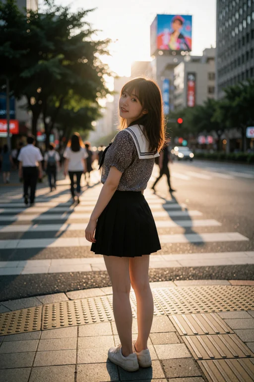 A Young Taiwanese Woman Stands On A City Crosswalk At Sunset...