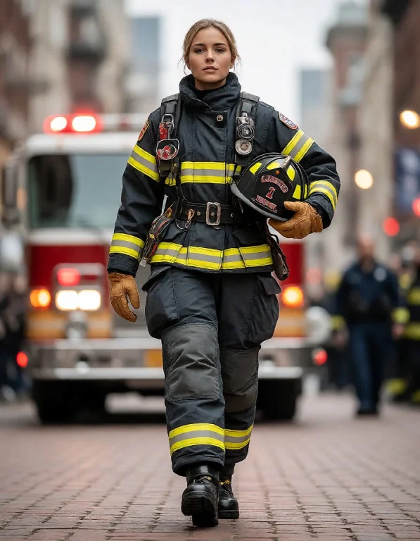 A Strong Female Firefighter In A Formal Fire Department Unif...